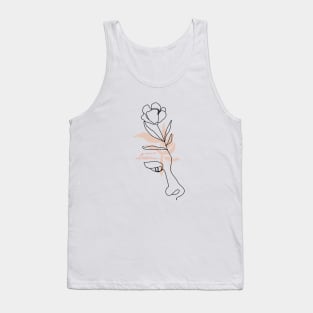 Minimal woman line art. One line woman face with flower and leaves. Tank Top